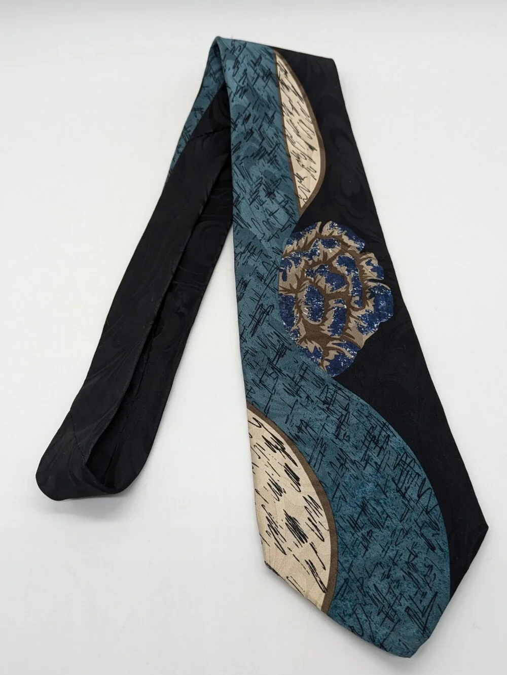 Vintage Chez Roffe Black Blue Cream Abstract Silk Mens Tie